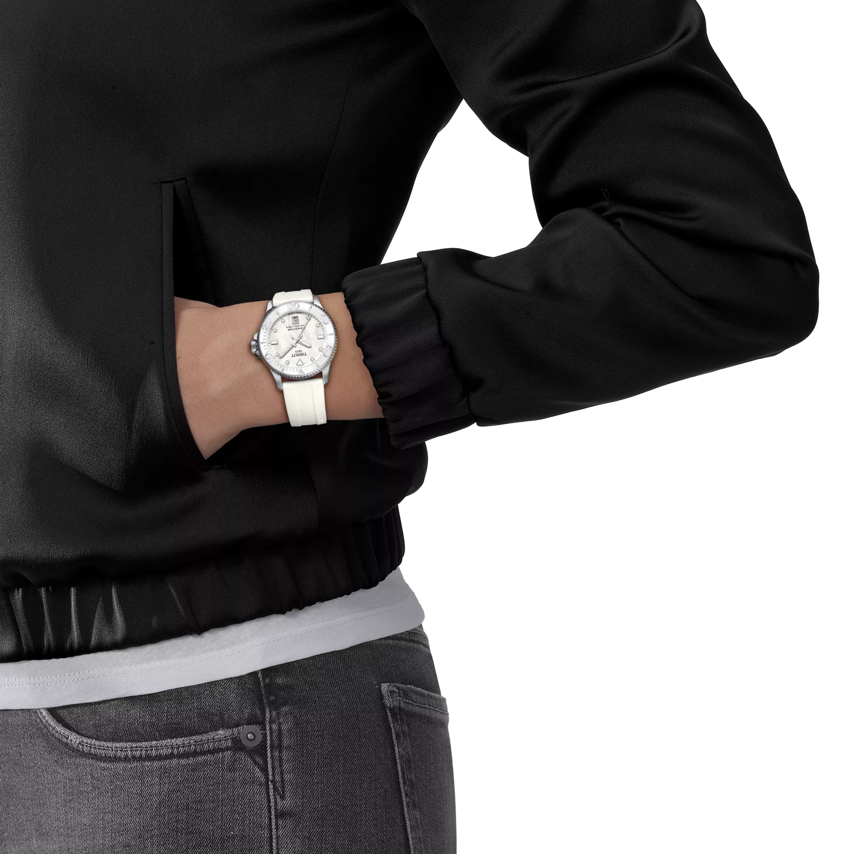 Tissot Seastar 1000 36mm mother-of-pearl diamond dial on the wrist