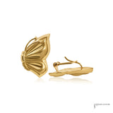 Gold butterfly earring beside second earring showing post and hinged omega back