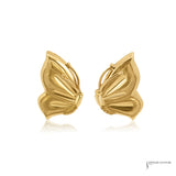 Estate 10K yellow gold butterfly omega back earrings, mirrored pair with satin and polished wings, front view