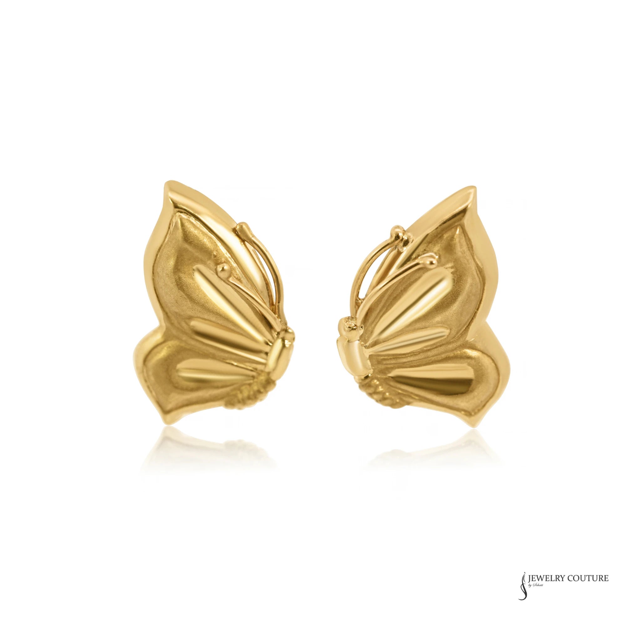 Estate 10K yellow gold butterfly omega back earrings, mirrored pair with satin and polished wings, front view