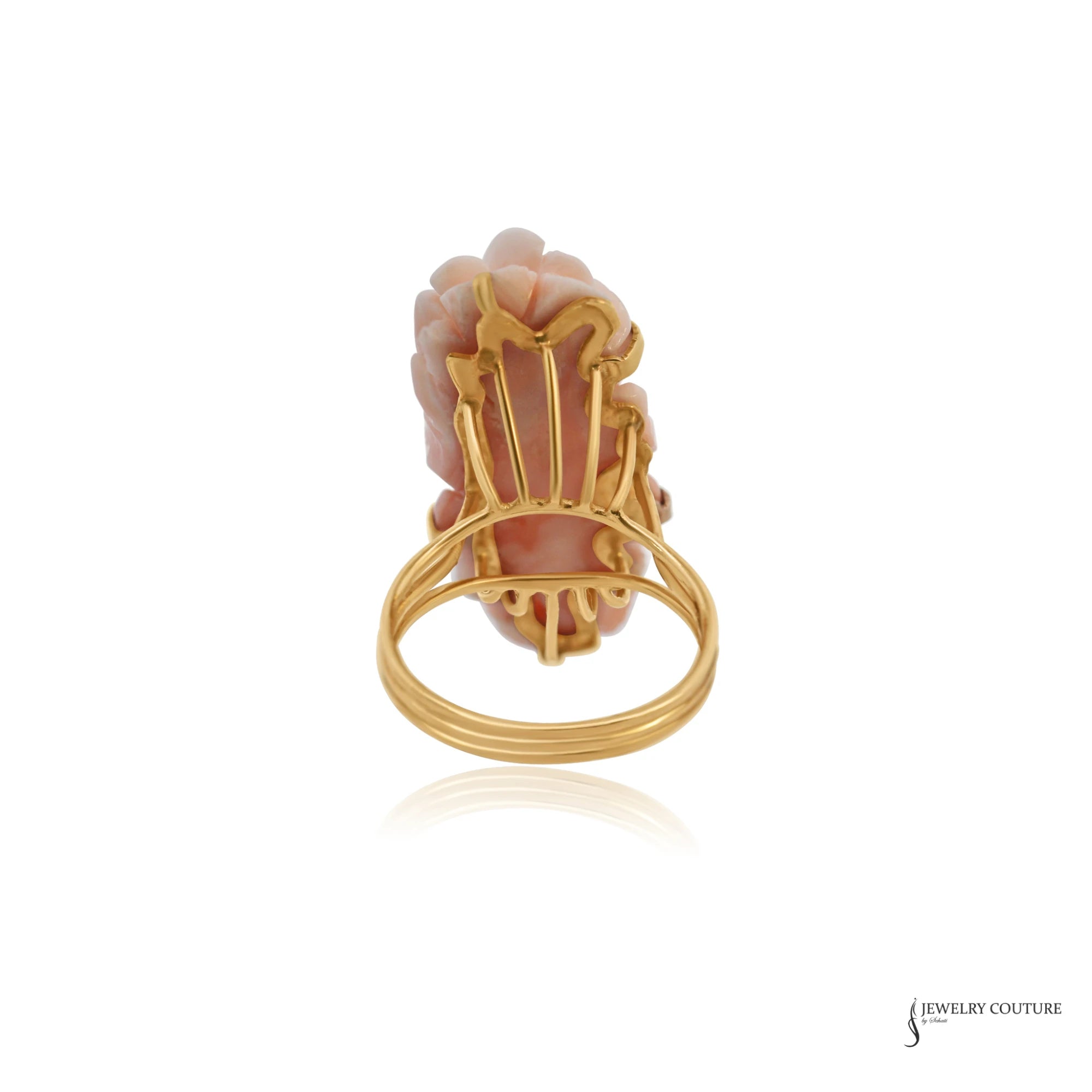 Back of angel skin coral ring with open gold wire gallery and 14K yellow gold band