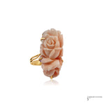 Estate 14K yellow gold angel skin coral ring with carved pink coral roses, front view
