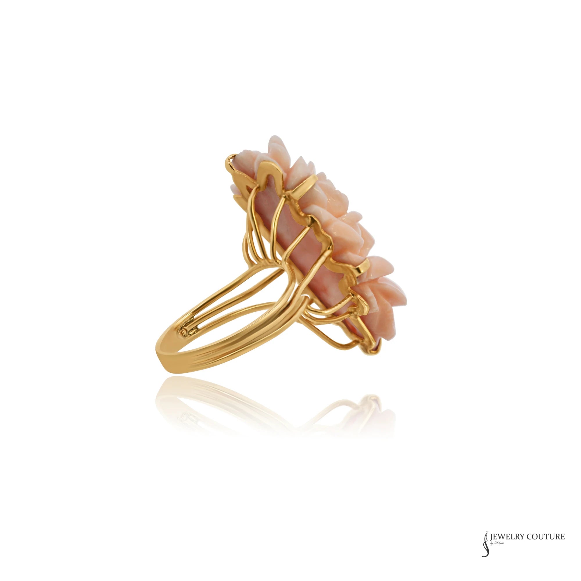 Side profile of coral rose ring showing openwork 14K gold wire gallery and triple-wire shank