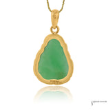 Back of jade Buddha pendant with open gold frame and 14K stamps on frame and bail