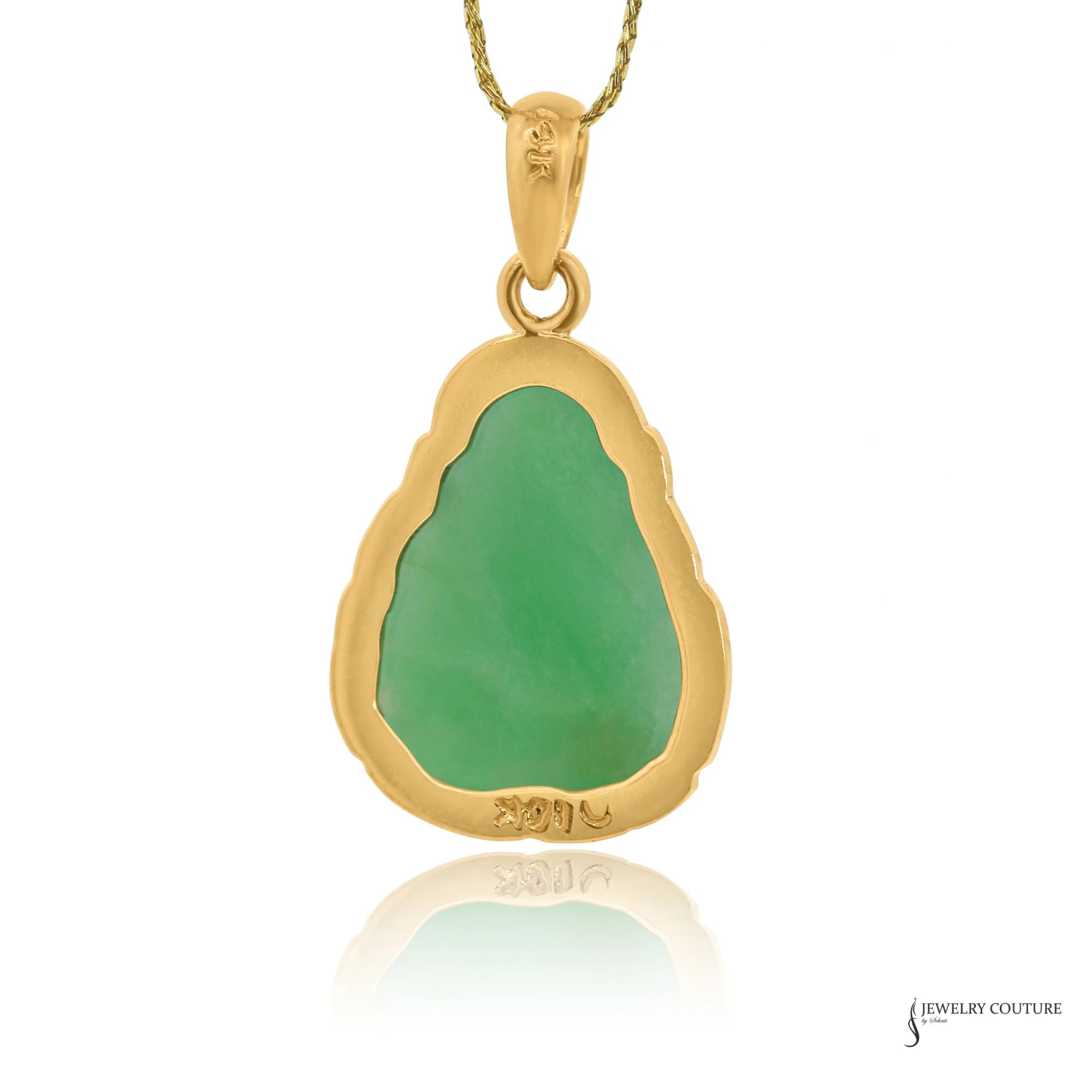 Back of jade Buddha pendant with open gold frame and 14K stamps on frame and bail