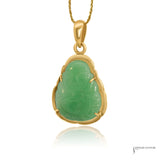 Estate 14K yellow gold jade Buddha pendant, carved green jade laughing Buddha in gold bezel, front view