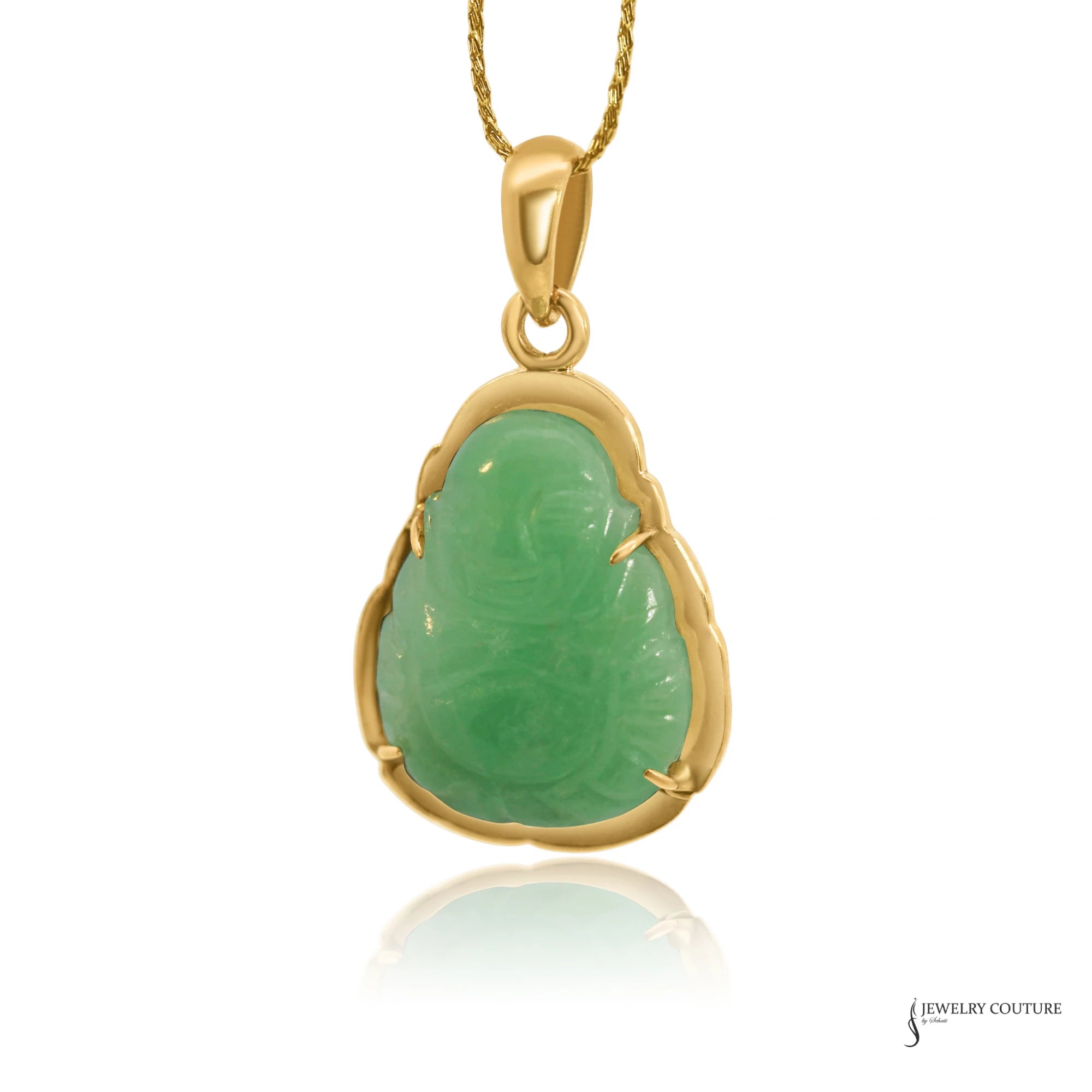 Estate 14K yellow gold jade Buddha pendant, carved green jade laughing Buddha in gold bezel, front view