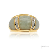Estate 14K yellow gold dome ring with three green jadeite sections and two rows of pavé diamonds, front view