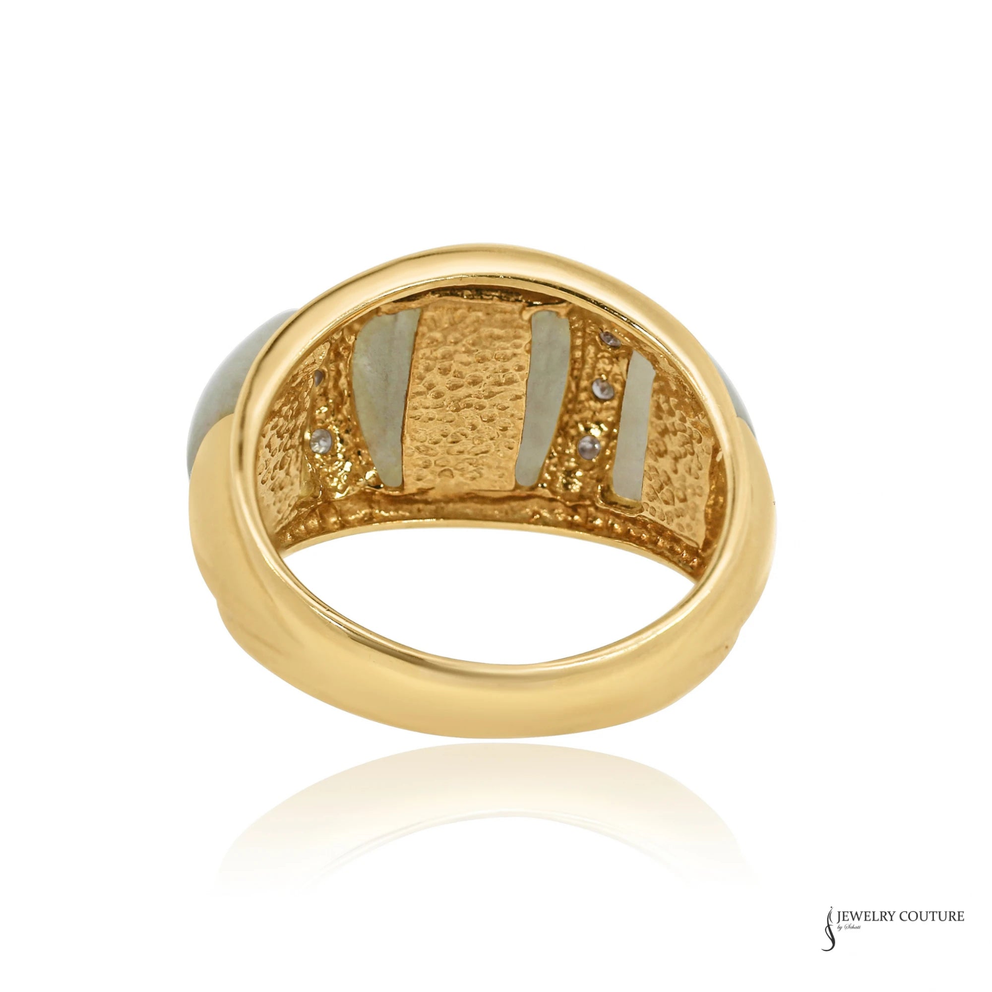 Inside of 14K gold jadeite and diamond dome ring with hammered texture, back view