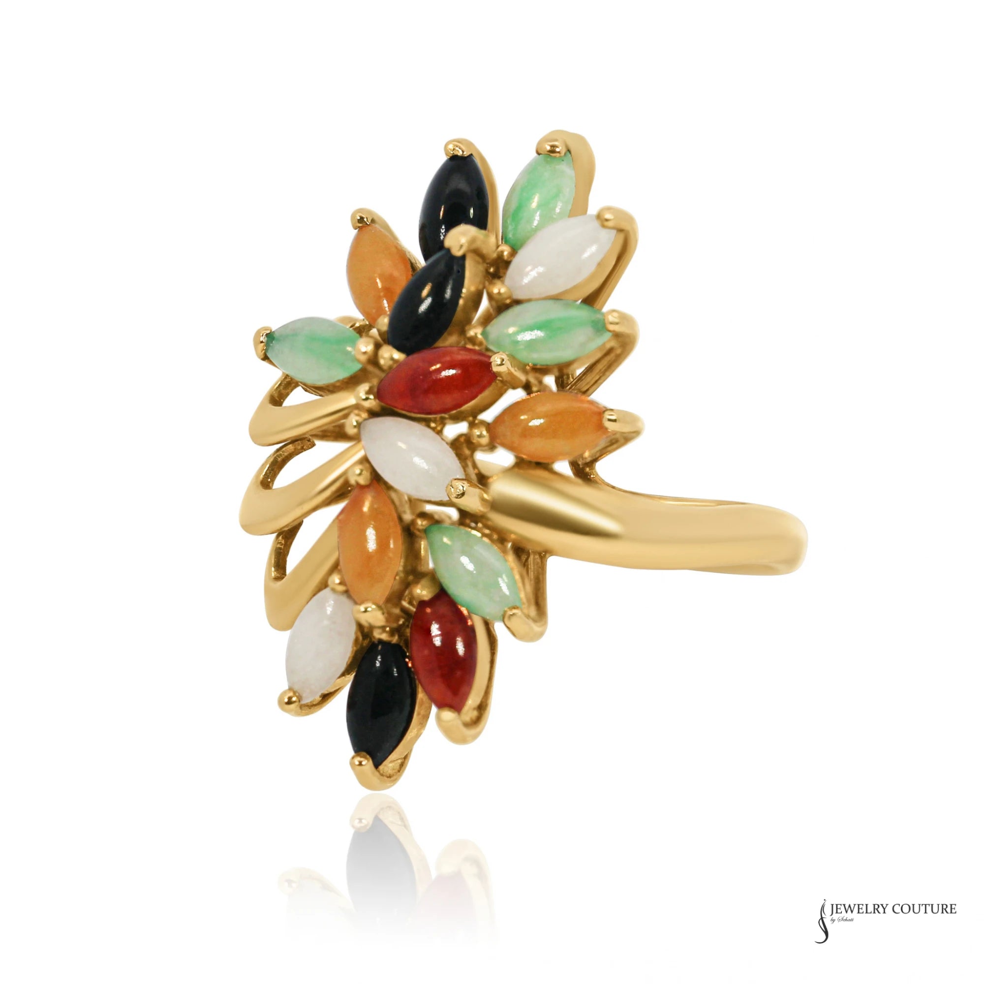 Estate 14K yellow gold flower cluster ring with marquise green, white, honey, red and black jade, angled view