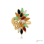Estate multi-color jade flower cocktail ring in 14K yellow gold with polished gold ribbon accents, front view
