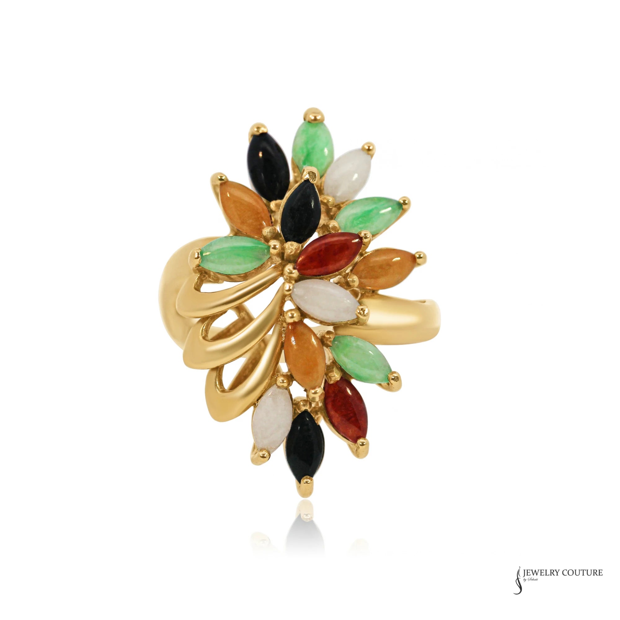 Estate multi-color jade flower cocktail ring in 14K yellow gold with polished gold ribbon accents, front view