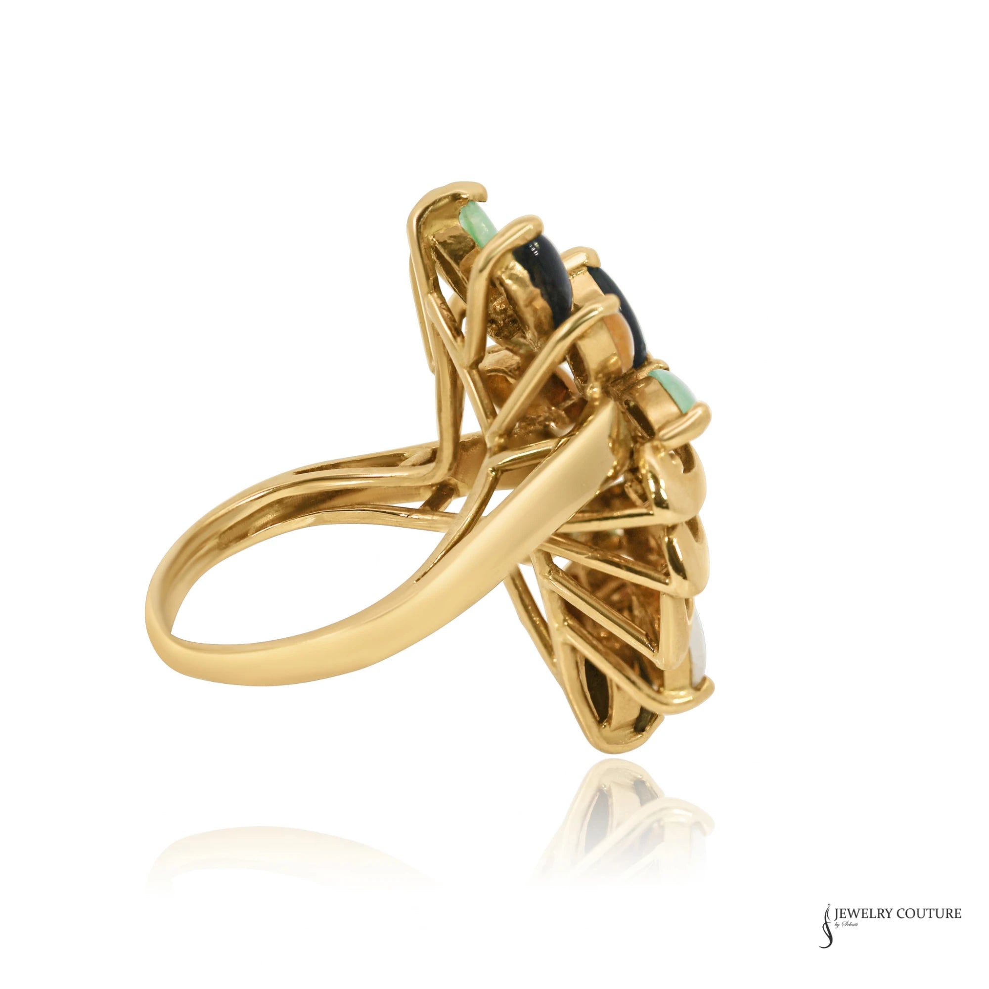 Side profile of 14K gold multi-color jade cluster ring showing prong settings and bypass shank