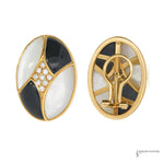 Estate 14K gold mother-of-pearl and onyx earrings, front and back with omega clip