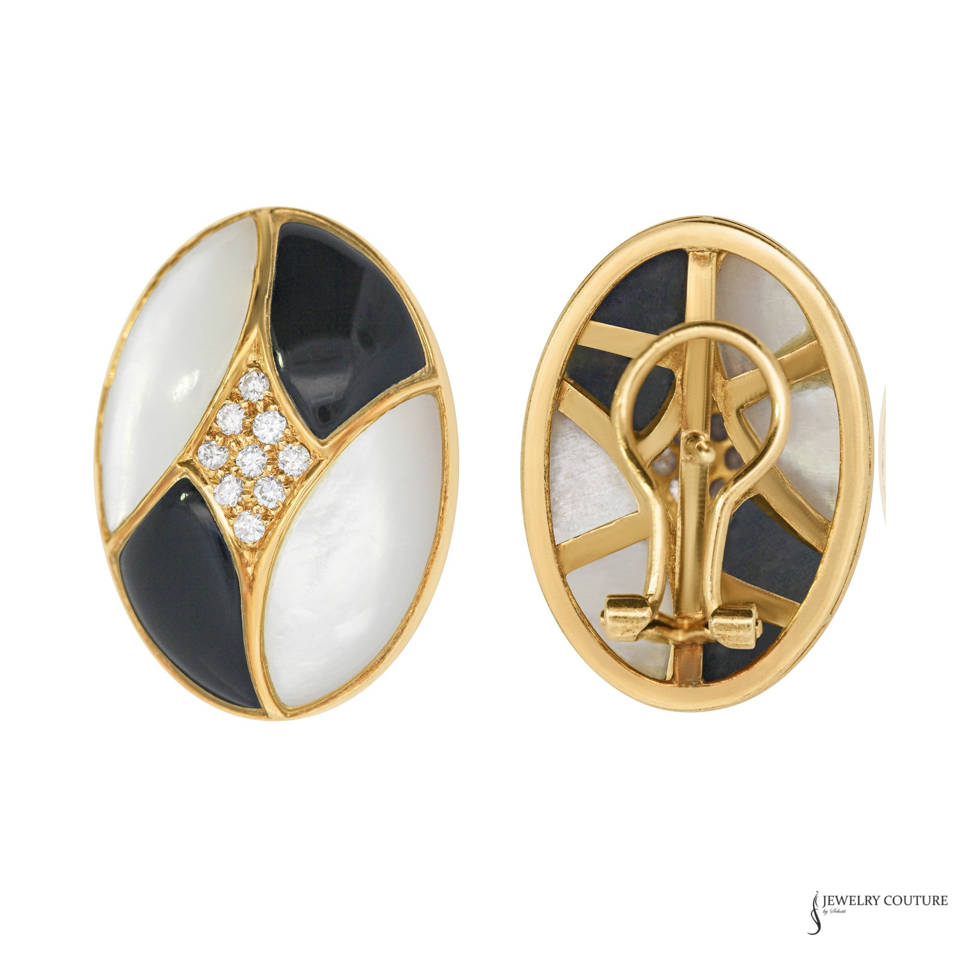 Estate 14K gold mother-of-pearl and onyx earrings, front and back with omega clip