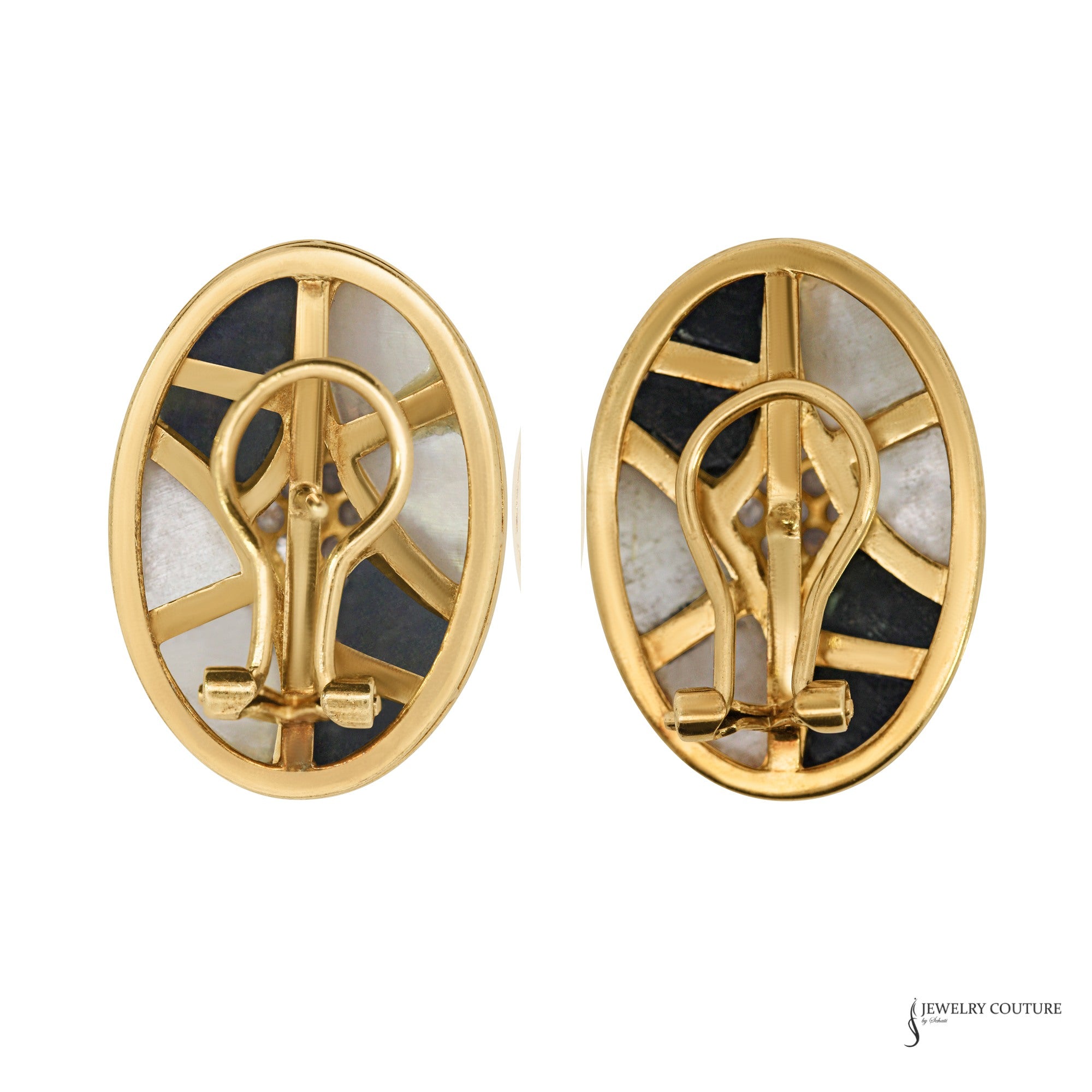 Backs of estate 14K gold oval earrings showing omega clip closures