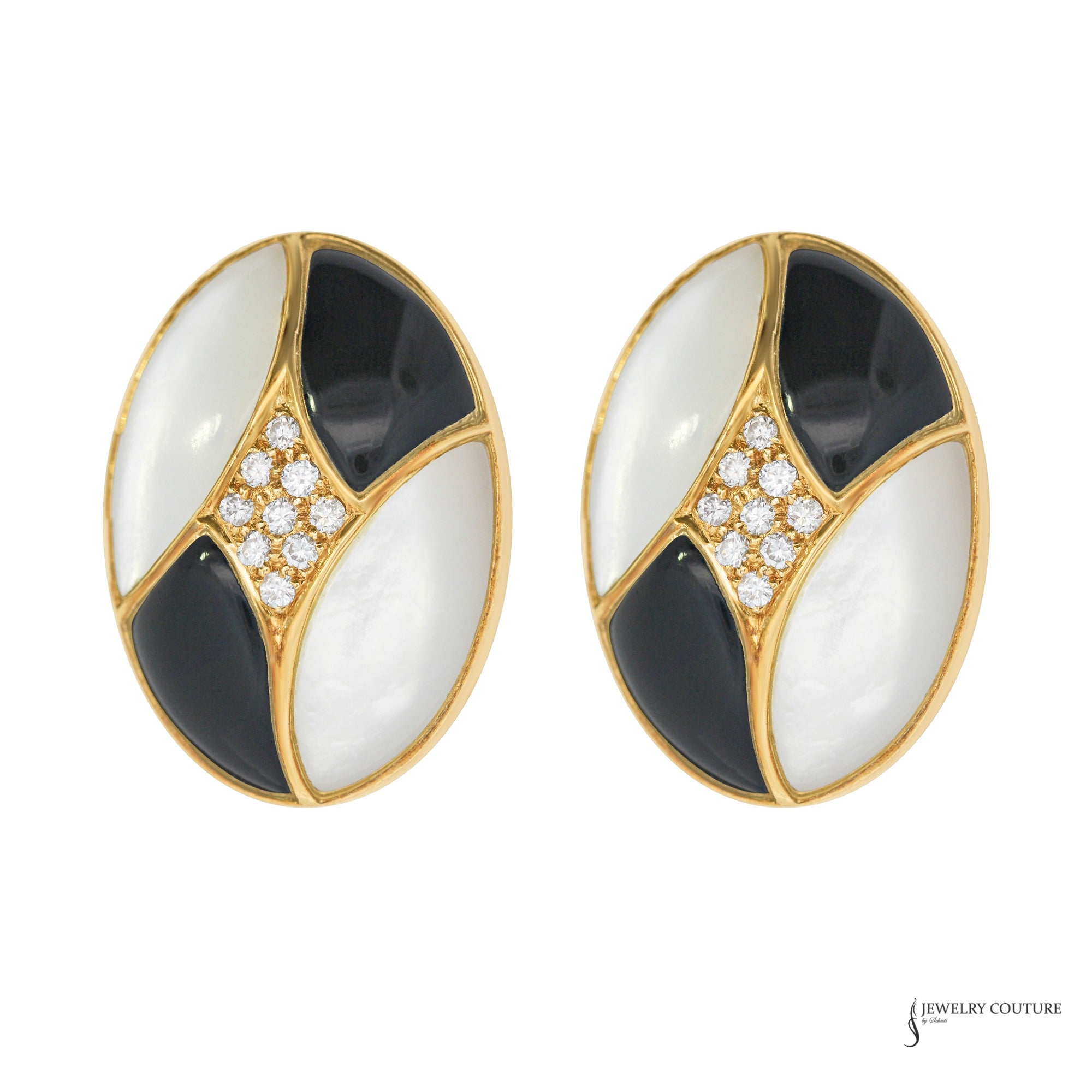 Pair of estate 14K yellow gold oval earrings with mother-of-pearl, black onyx and diamond centers, front view