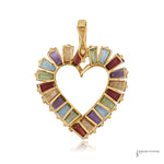 Back of rainbow gemstone heart pendant showing open gold gallery, hinged bail and 585 stamp