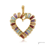 Back of rainbow gemstone heart pendant showing open gold gallery, hinged bail and 585 stamp