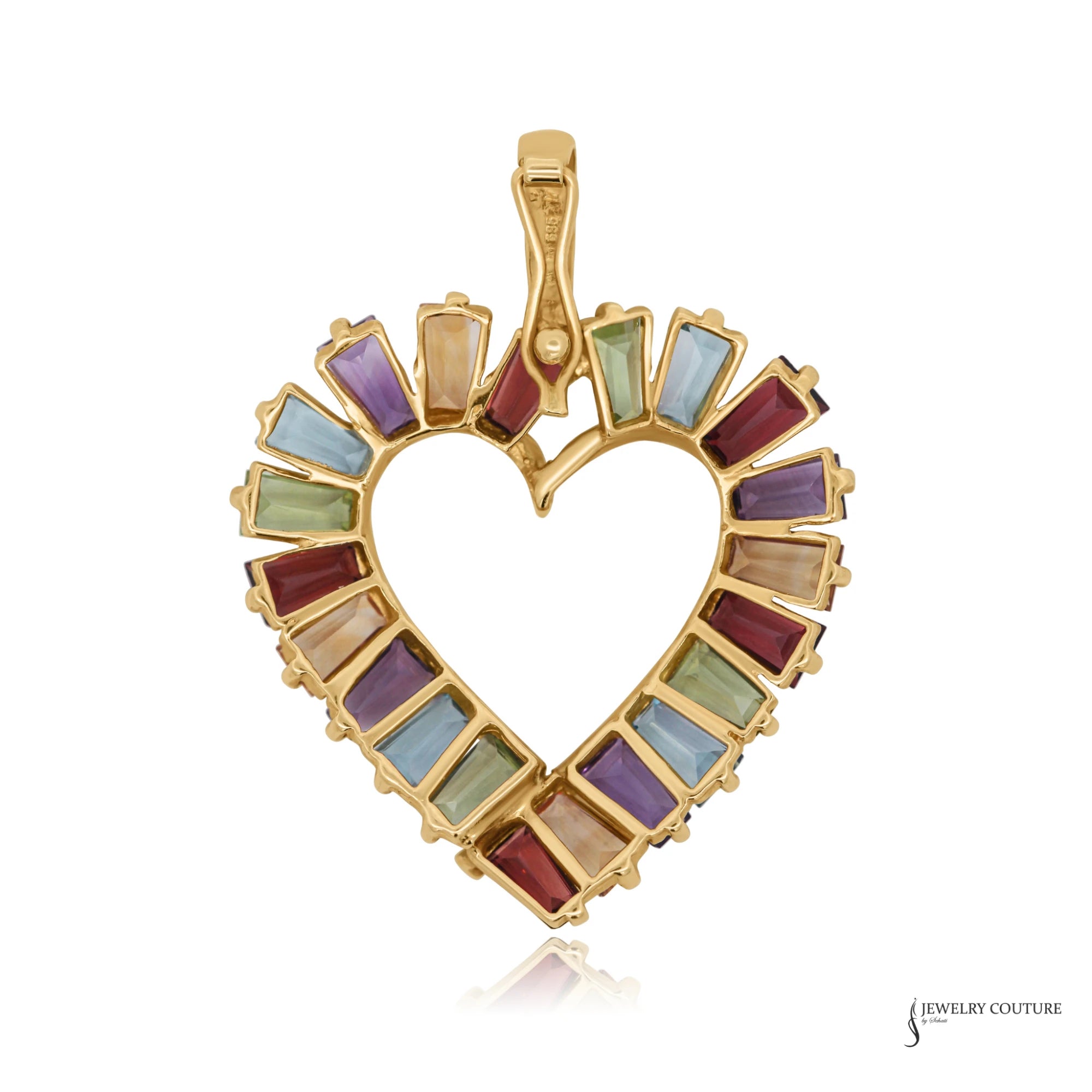Back of rainbow gemstone heart pendant showing open gold gallery, hinged bail and 585 stamp