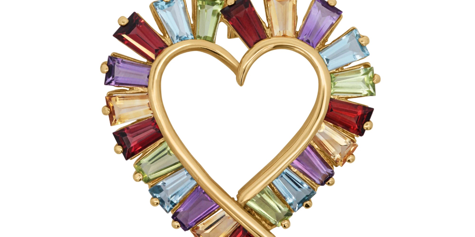 Estate 14K yellow gold rainbow heart pendant with multi-color baguette gemstones around an open gold heart, front view