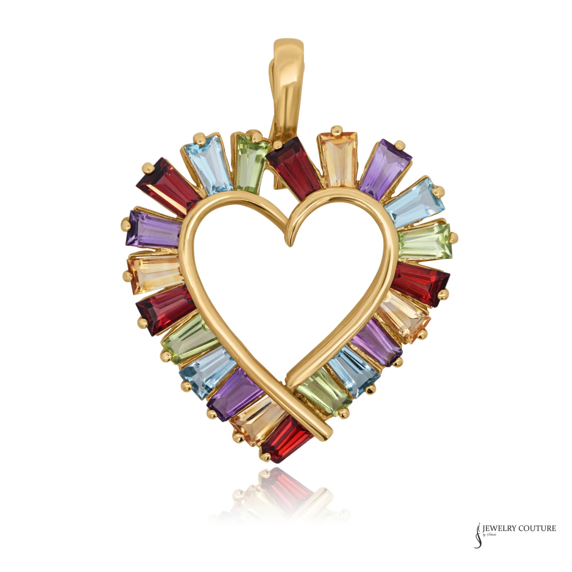 Estate 14K yellow gold rainbow heart pendant with multi-color baguette gemstones around an open gold heart, front view