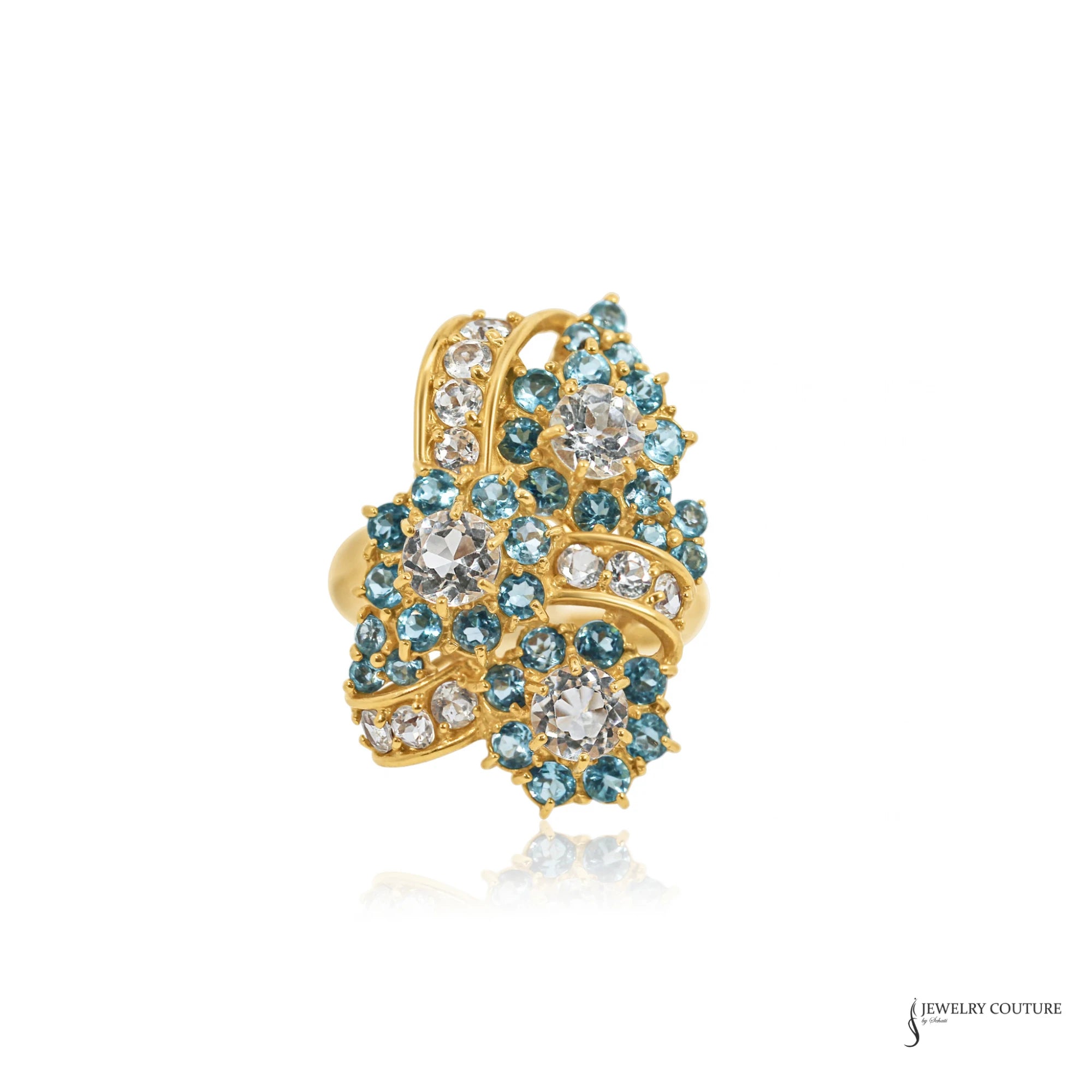 Estate 18K yellow gold blue and white topaz cluster cocktail ring with three flower clusters, front view