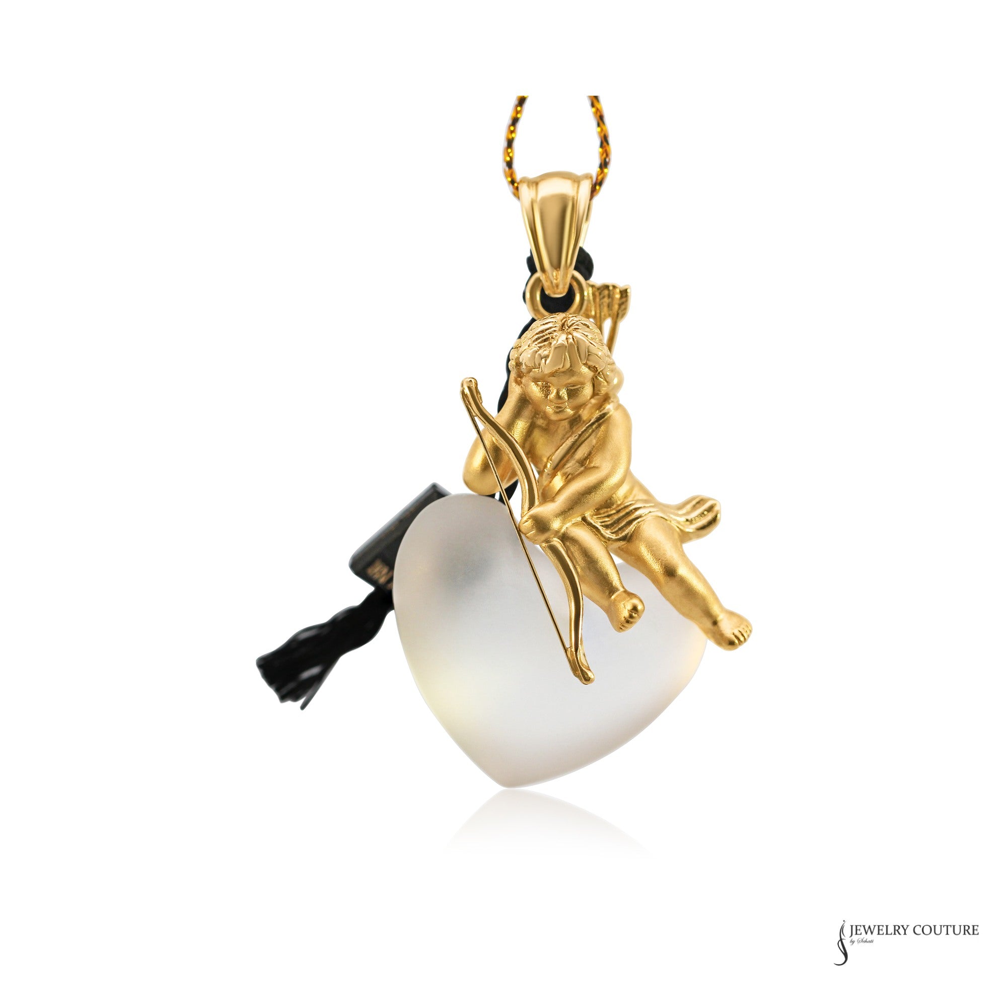 Estate 18K gold cupid frosted crystal heart pendant, angled view