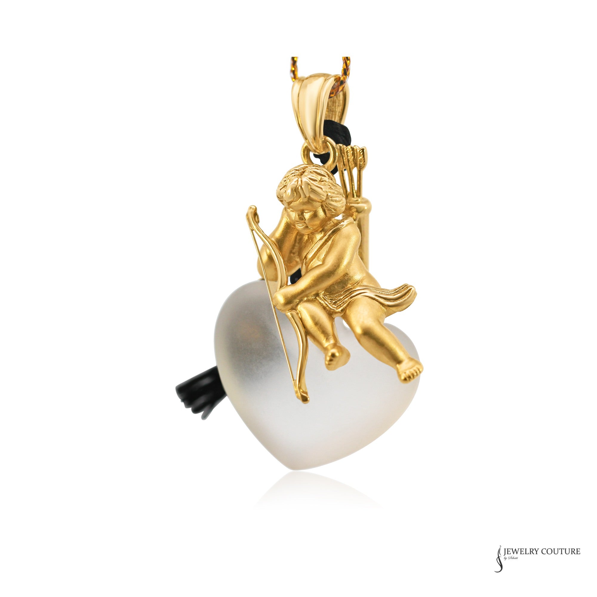 French 18K yellow gold cupid seated on a frosted crystal heart, alternate angle