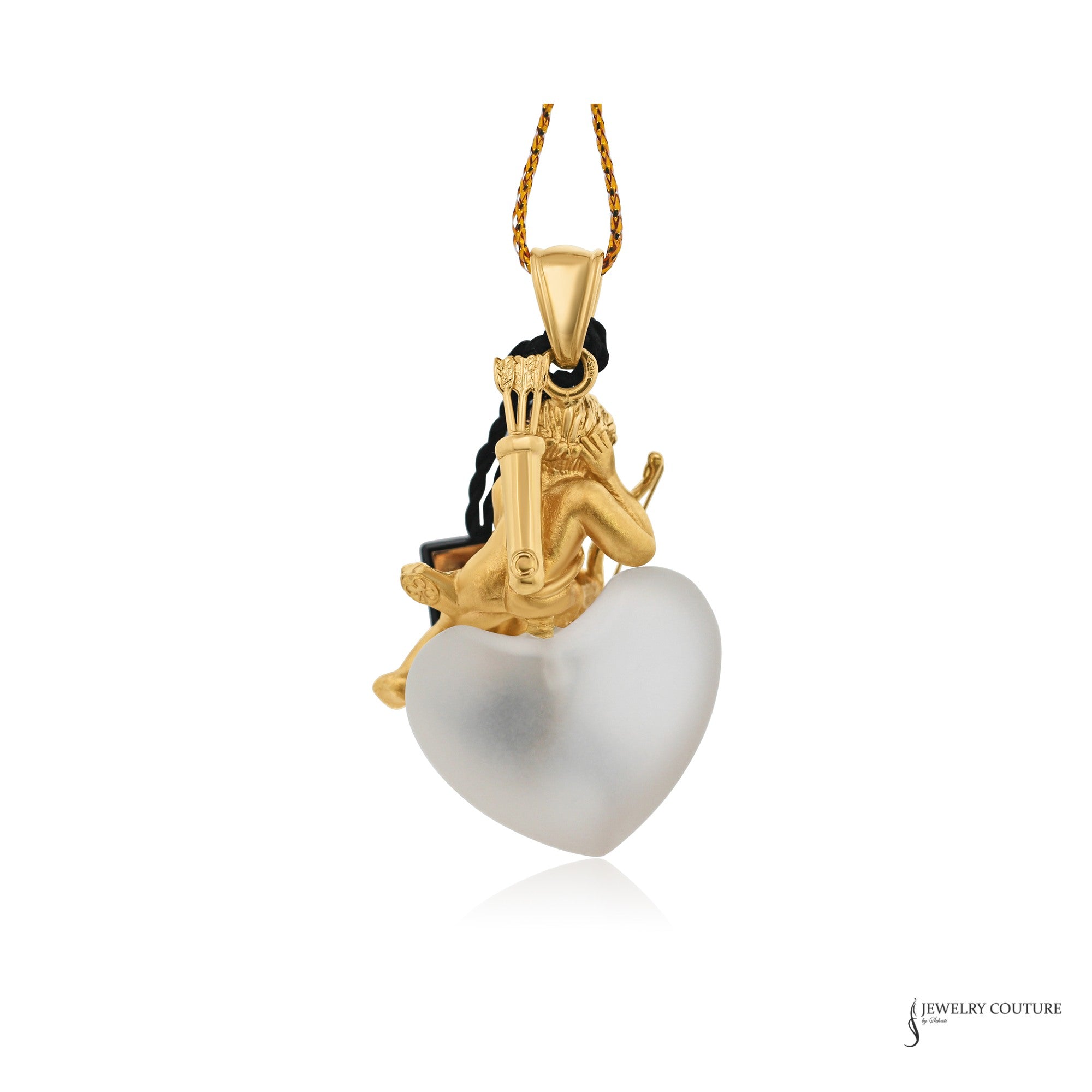 Estate 18K yellow gold cupid pendant on a frosted crystal heart, made in France