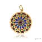 Estate 18K yellow gold plique-a-jour enamel cathedral rose window pendant in blue, burgundy, green and amber