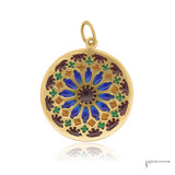 Estate 18K yellow gold plique-a-jour enamel cathedral rose window pendant in blue, burgundy, green and amber