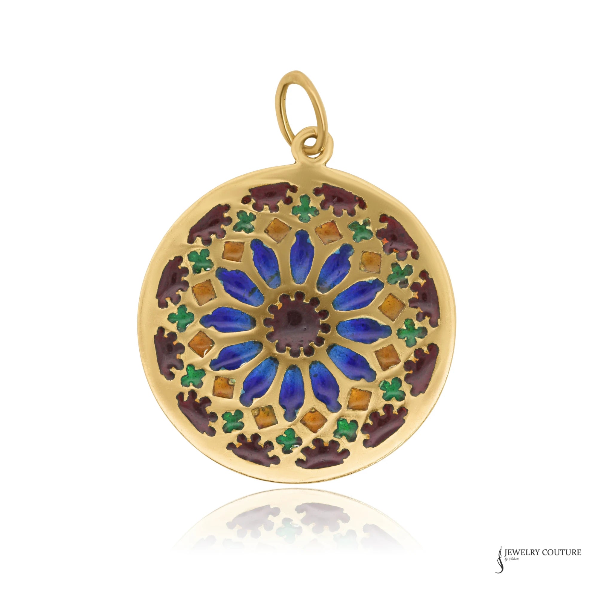 Estate 18K yellow gold plique-a-jour enamel cathedral rose window pendant in blue, burgundy, green and amber