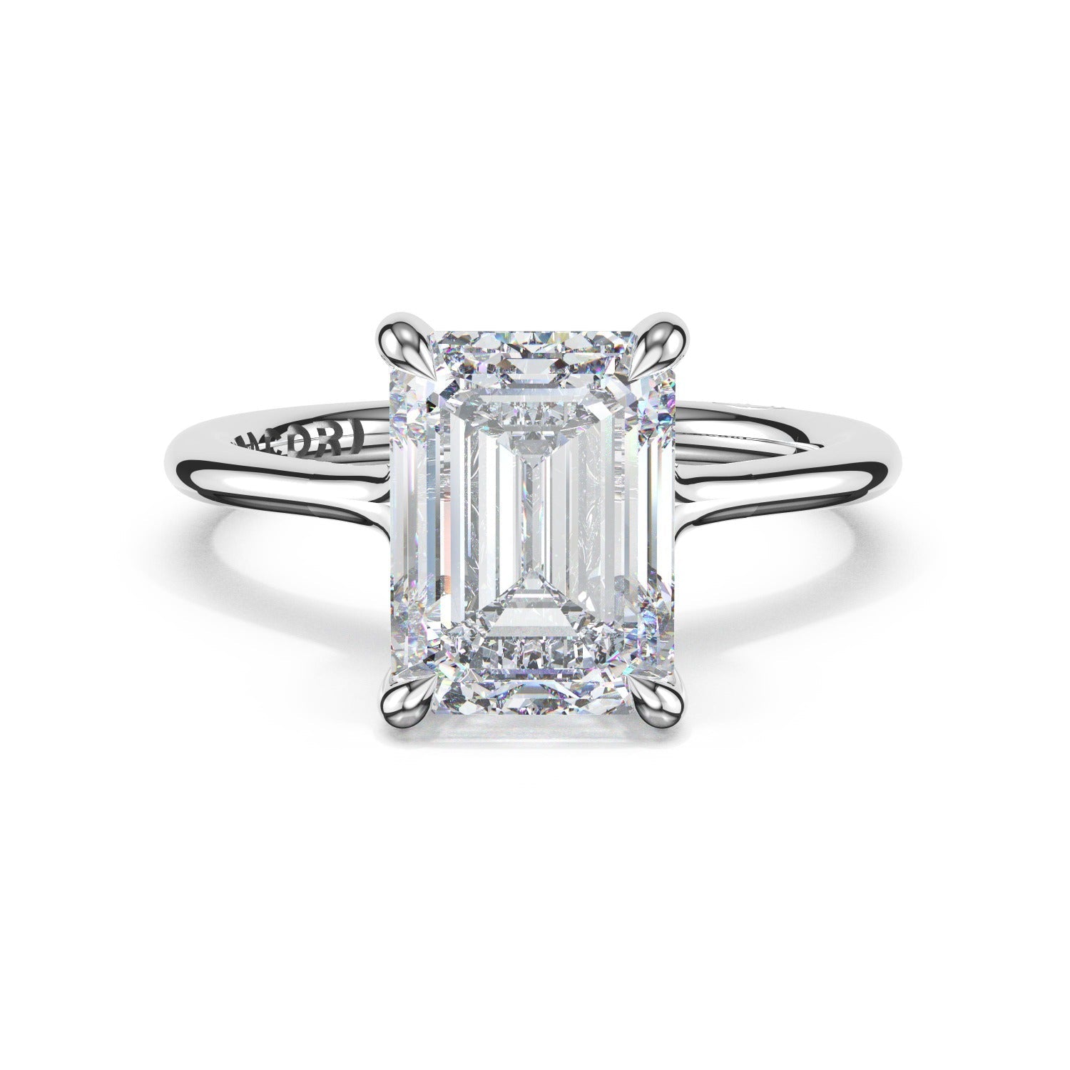 Tacori HT2584EC emerald solitaire, side profile with Founder's Crescent