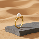 Pearl & Diamond Ring 14K Yellow Gold – Size 6.75