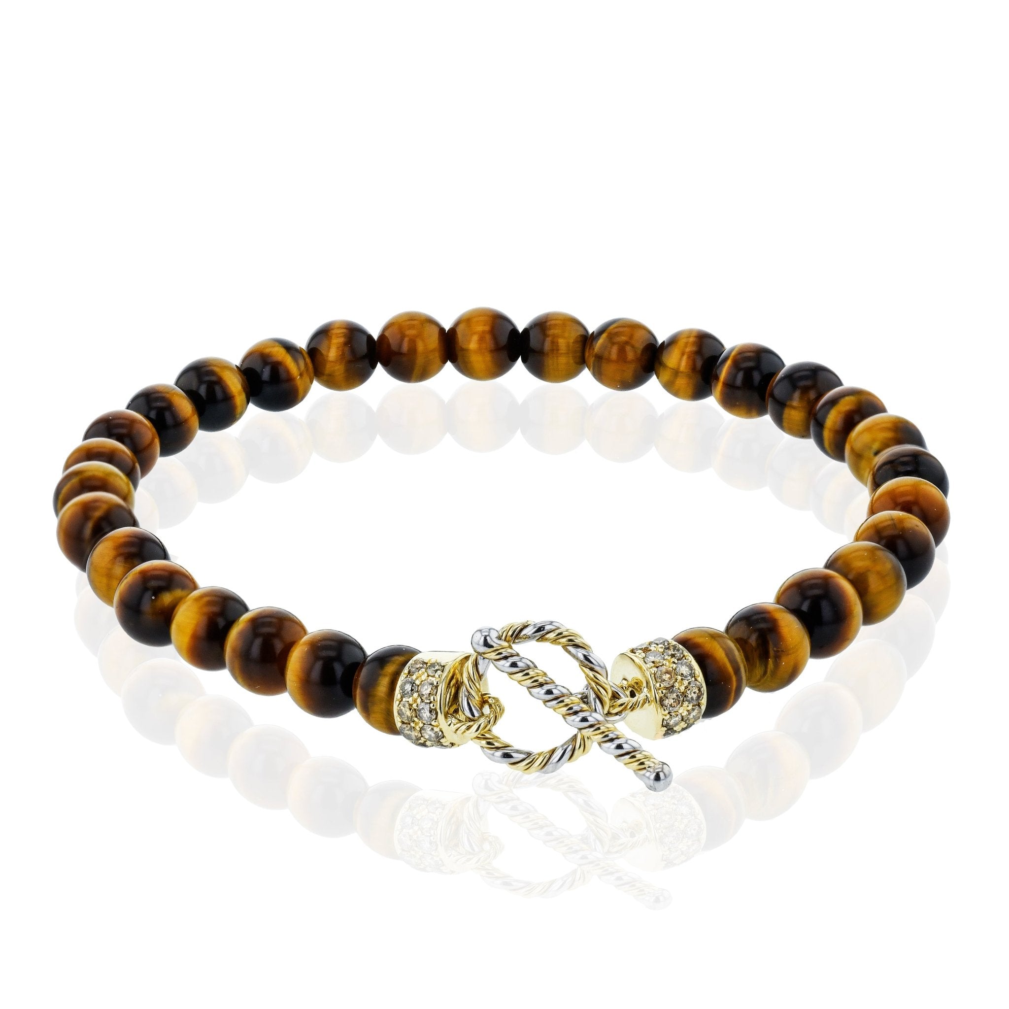 Simon G. LB2403 men's brown bead bracelet with 14K white and yellow gold clasp and diamonds