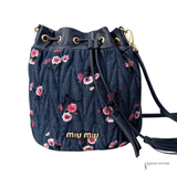 Authentic Miu Miu Denim Floral Bucket Shoulder Bag with Leather Trim – Designer Crossbody Handbag