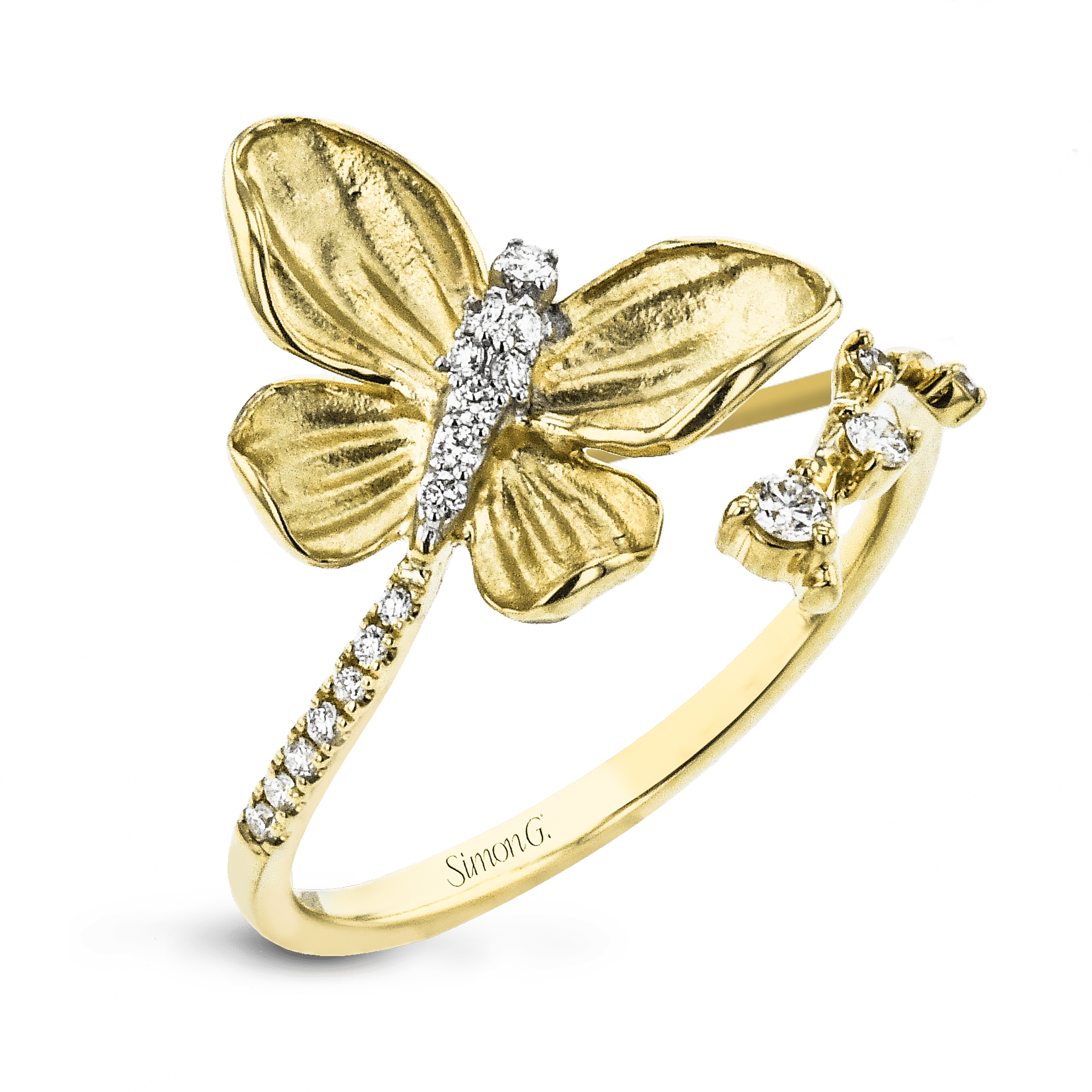 Simon G. LR2767 Monarch butterfly diamond ring in 18K yellow gold, 0.20 ctw, open bypass design