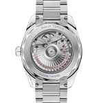 Silver watch with detailed mechanical components on a white background