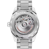 Silver watch with detailed mechanical components on a white background