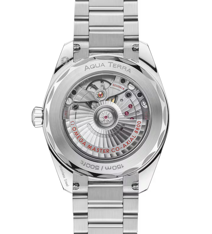 Silver watch with detailed mechanical components on a white background