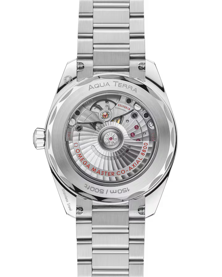 Silver watch with detailed mechanical components on a white background