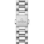 Close-up of a silver Omega watch bracelet on a white background