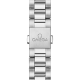 Close-up of a silver Omega watch bracelet on a white background