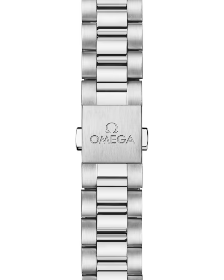 Close-up of a silver Omega watch bracelet on a white background
