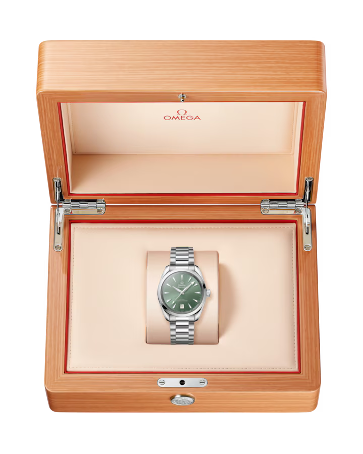 Omega watch in a wooden box on a white background