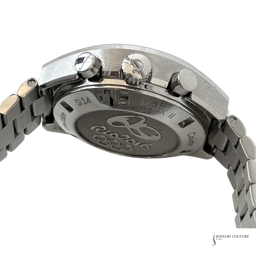 Omega Speedmaster Mark II caseback engraved with the Rio 2016 emblem and Olympic rings