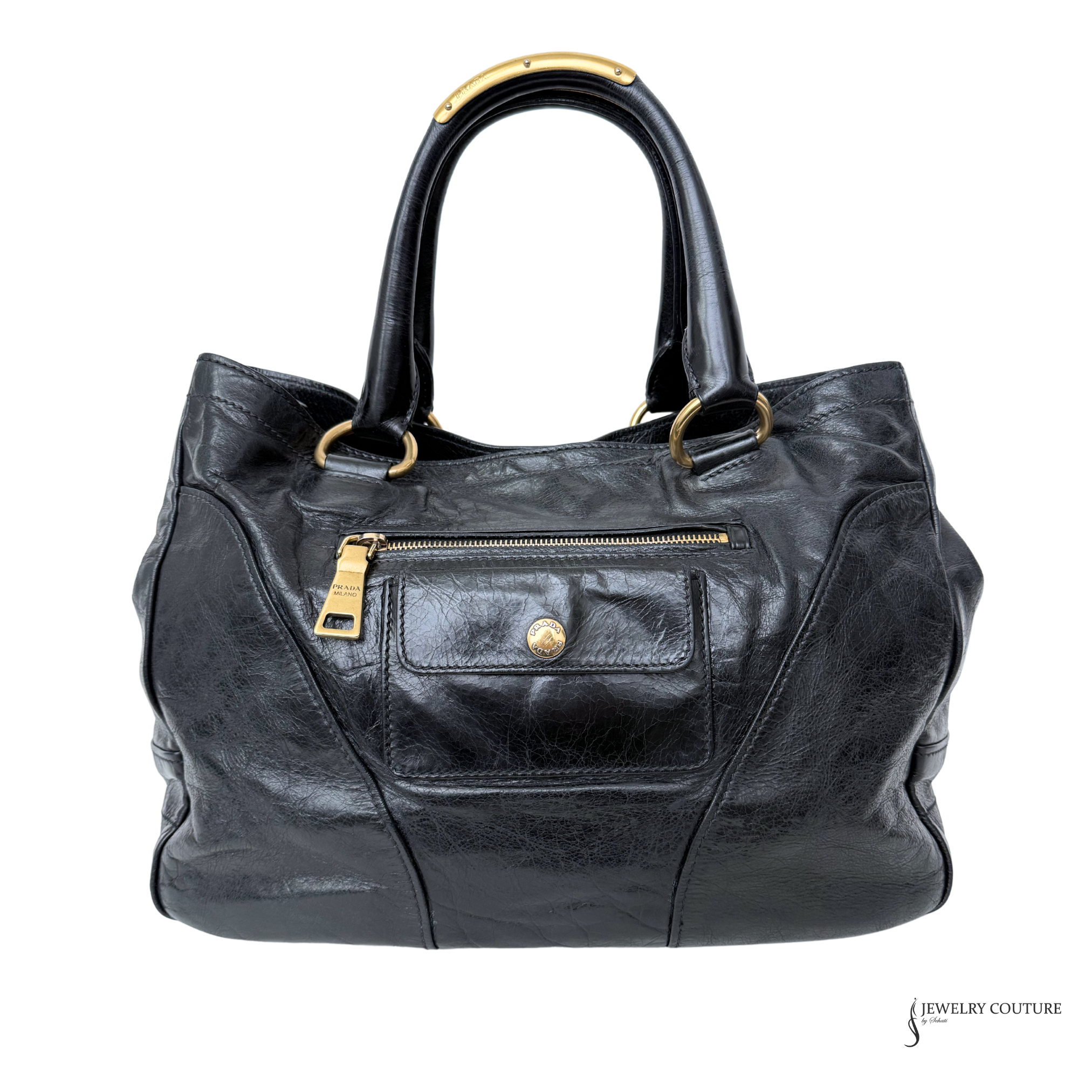 PRADA Vintage Black Leather & Gold Zipper Detail Shoulder Bag Vitello Shine Chain Hobo Pre-Owned