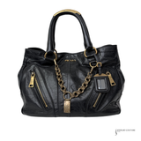 PRADA Vintage Black Leather & Gold Zipper Detail Shoulder Bag Vitello Shine Chain Hobo Pre-Owned