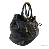 PRADA Vintage Black Leather & Gold Zipper Detail Shoulder Bag Vitello Shine Chain Hobo Pre-Owned